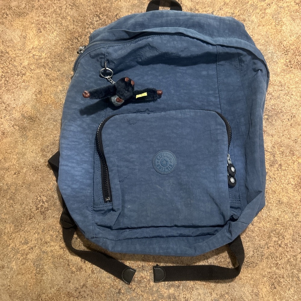 Kipling Blue Nylon Backpack with Monkey Keychain